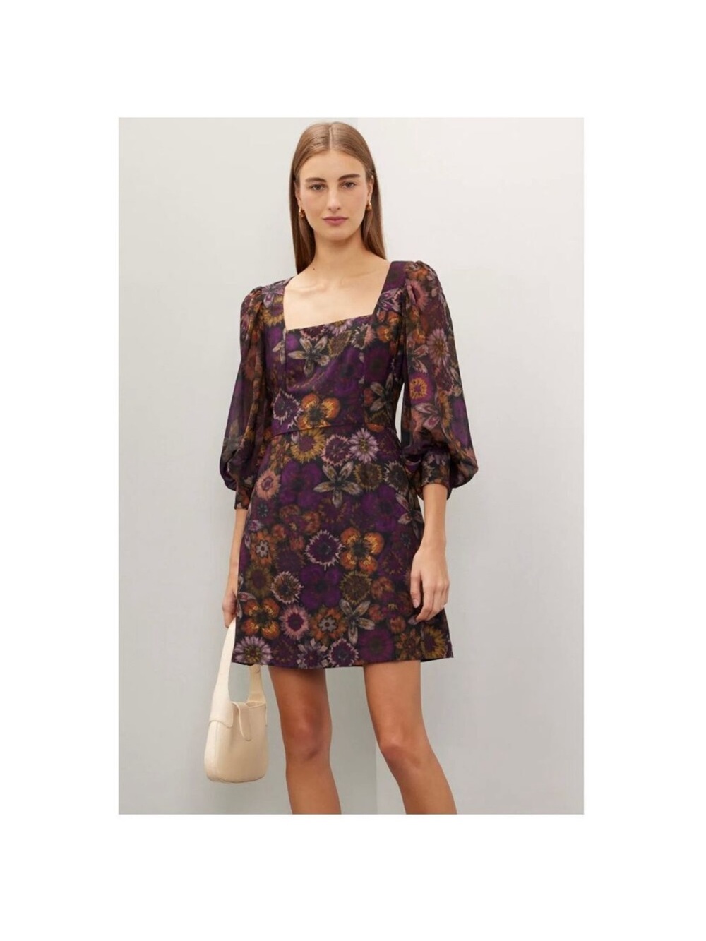 Slate & Willow Purple Floral Square-Neck Puff-Sleeve Mini Dress